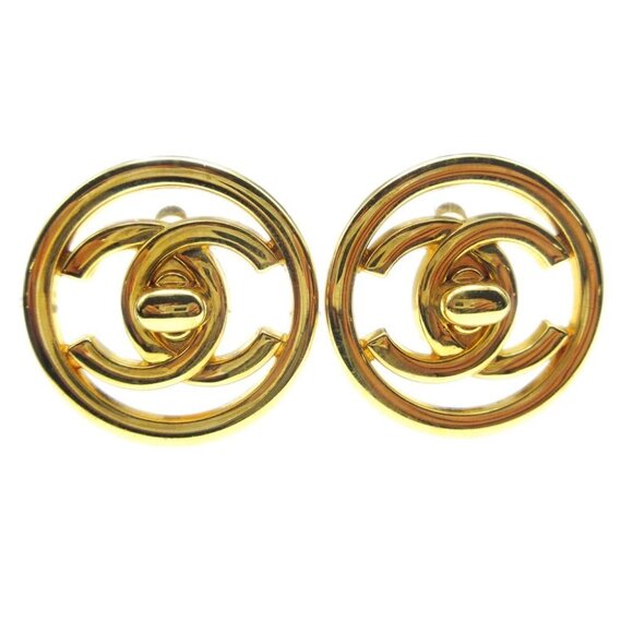 Chanel Turnlock Round Earrings Clip-On Gold 97P - Picture 1 of 4